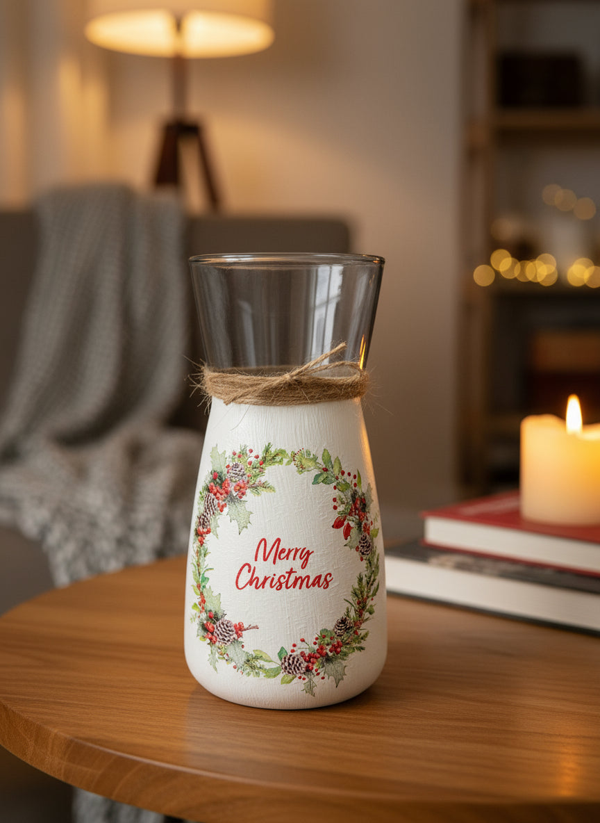 Merry Christmas Wreath Decoupage Vase