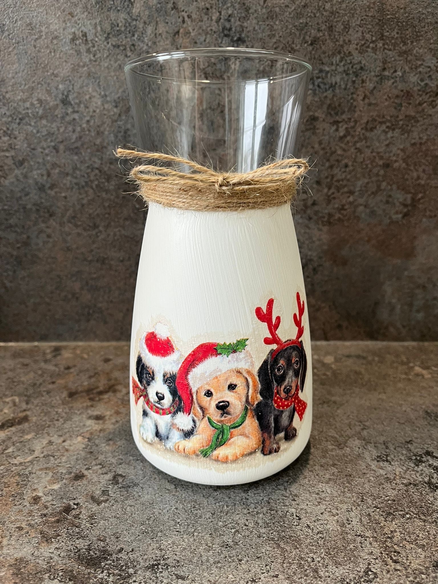 Three Dogs Christmas Decoupage Vase