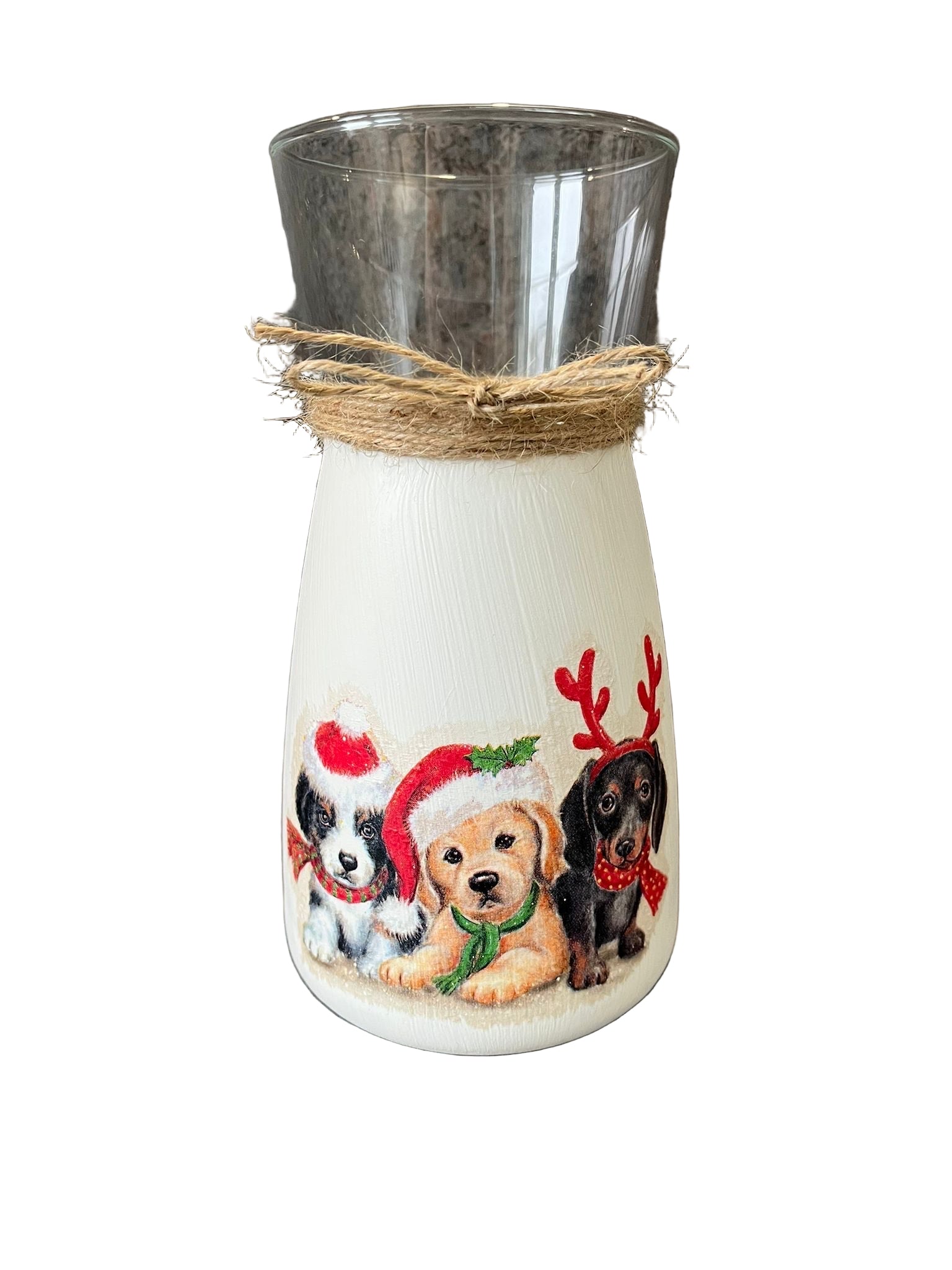 Three Dogs Christmas Decoupage Vase