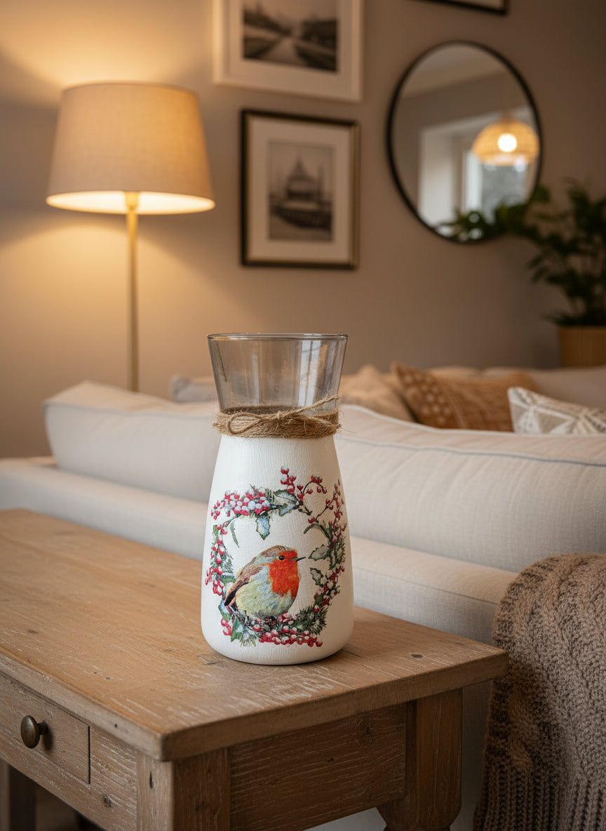 Robin Wreath Decoupage Vase