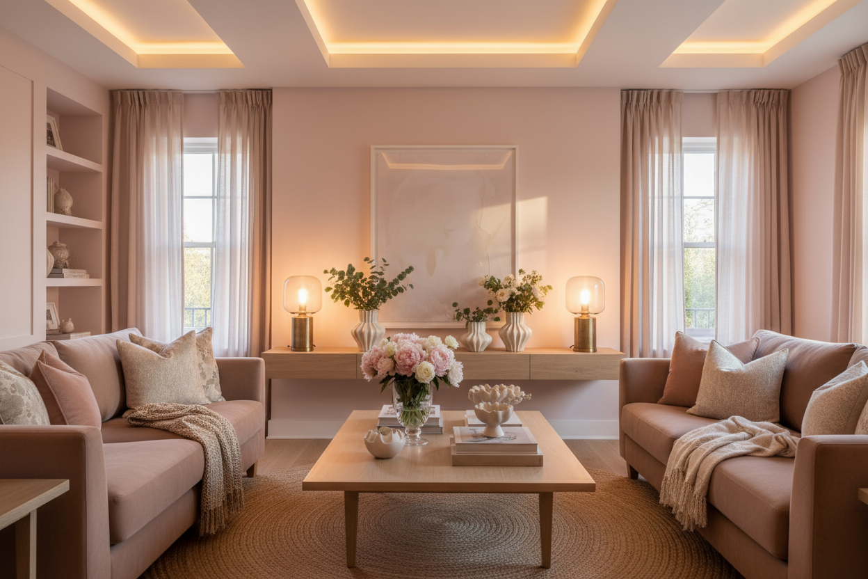 give me a cozy inside living room the type of living room that goes with the colour soft pastel pink and mka eit very well furnished with vases etc and great warm lighting